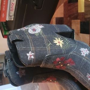 Fall Platform Boots, Blue/Gray Flowered Flannel